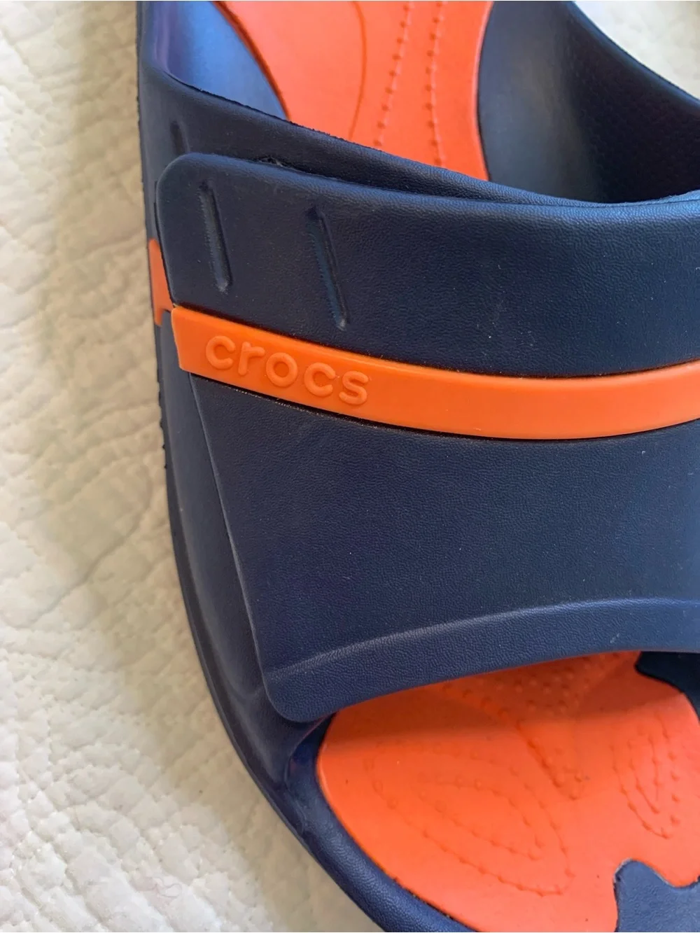 CROCS Modi Sport Slide Sandals in Navy and Orange with Dual-Comfort Cushion Bed